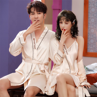 Ideamini睡袍情侣长袖两件套性感吊带睡裙夏季冰丝套装家居服夫妻款两套价