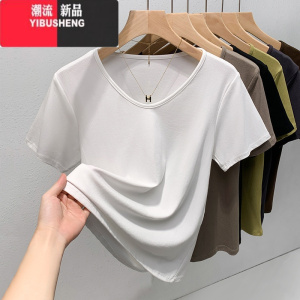 YIBUSHENG莫代尔V领短袖t恤女宽松大码胖mm显瘦打底半袖季洋气百搭上衣薄