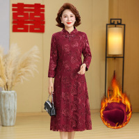 秋冬妈妈装蕾丝加绒旗袍连衣裙女中老年保暖立领刺绣气质裙枣红色