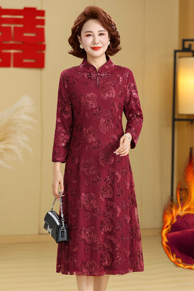秋冬妈妈装蕾丝加绒旗袍连衣裙女中老年保暖立领刺绣气质裙枣红色