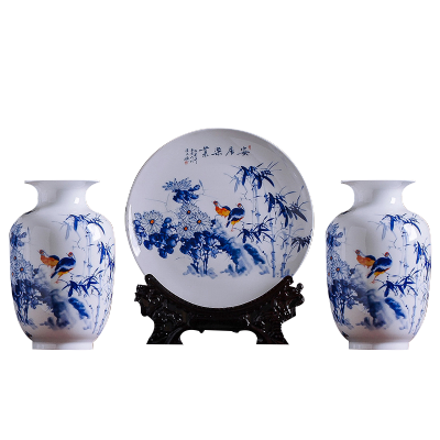 瓷物语景德镇陶瓷花瓶摆件瓷器装饰盘三件套装饰品（安居乐业三件套）