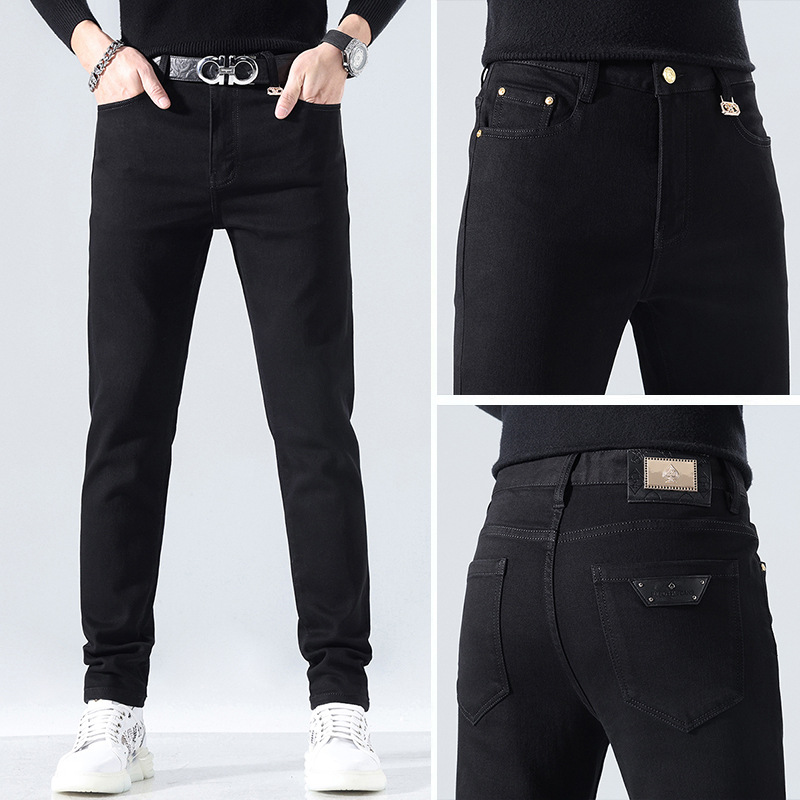 高端黑色牛仔裤男士修身小脚裤男款潮流休闲弹力潮流时尚欧货加绒