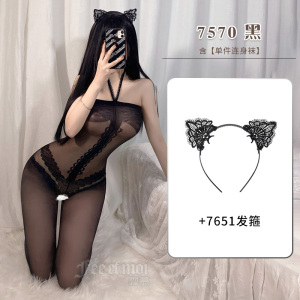 霏慕女式情趣丝袜 女士性感复古挂脖抹胸免脱开档连身袜成人情趣内衣蕾丝套装透视女连体衣连体袜7570