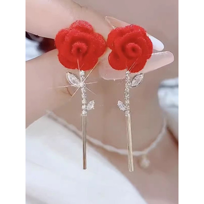 秋冬小众独特复古红色植绒玫瑰花朵流苏耳环女轻奢高级感气质耳饰送女朋友老婆情人节七夕生日礼物