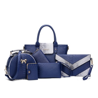新款女包春夏新款潮子母包六件套时尚蛇纹鳄鱼纹单肩包女包大包包-定制蓝色蓝色
