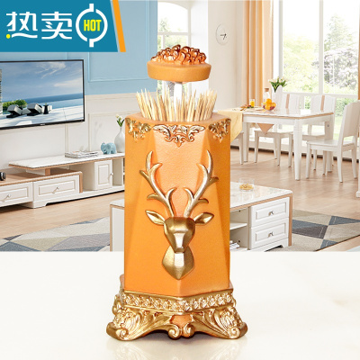 敬平牙签盒家用个性创意轻奢自动牙签筒高颜值按压棉签化妆棉收纳 时尚鹿橘黄色牙签盒