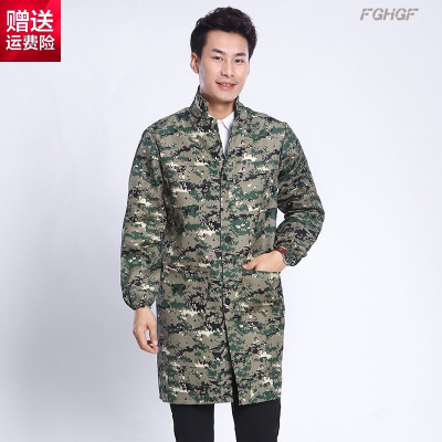 韩版时尚长款厨房围裙工作服男女迷彩罩衣防油大人外套蓝大褂