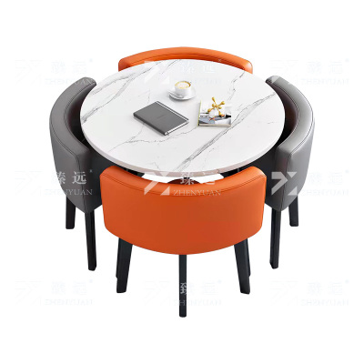 臻远 ZY4100928 简约接待桌椅洽谈桌椅 一桌四椅 白石根圆拼色皮椅