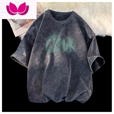 七斓水洗做旧t恤男短袖夏季美式复古衣服欧美潮牌300g高街五分袖