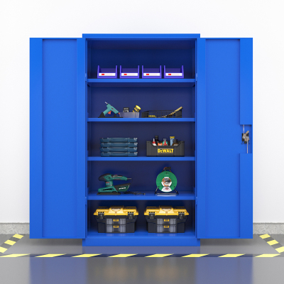 臻远重型五金工具柜铁皮柜双开门置物柜多功能零件柜~四层储物柜蓝色