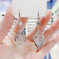 超闪一夜暴富锆石镂空树叶耳钩耳环韩国气质时尚个性网红耳饰女潮送女朋友老婆情人节七夕生日礼物