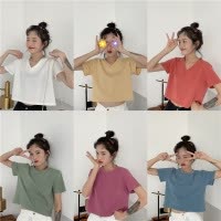夏季短袖T恤女韩版学生慵懒风宽松纯色个性港味短款糖果色上衣女