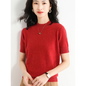 秋冬针织短袖女半高领毛衣显瘦打底T恤时尚修身套头内搭半袖上衣