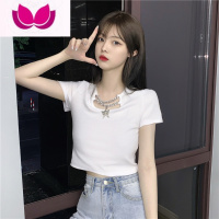 七斓韩版修身显瘦方领法式短款上衣女设计感夏天辣妹bm风白色短袖t恤