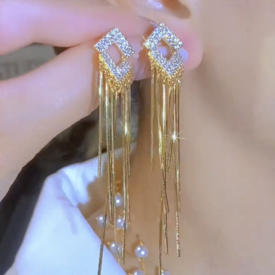 高级感满钻几何锆石流苏耳环女韩国气质个性长款显脸瘦耳坠耳饰品送女朋友老婆情人节七夕生日礼物