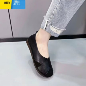 聚范圆头超软一脚蹬妈妈鞋秋季新款舒适柔软牛筋底单鞋平底防滑皮鞋女