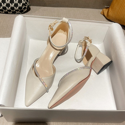 Ideamini2021年春夏季新款网红一字带高跟鞋女粗跟百搭浅口尖头单鞋女中跟