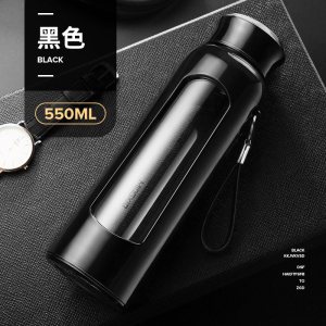 家柏饰(CORATED)玻璃杯带盖防摔泡茶杯男士双层过滤家用水杯便携杯子女随手杯 黑色550ML