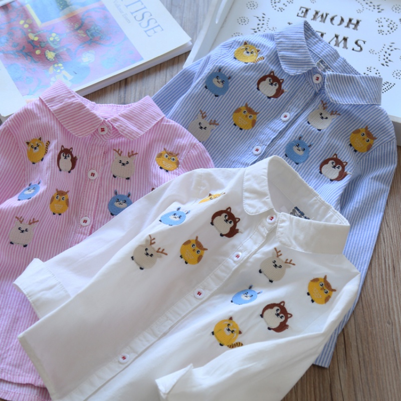 儿童翻领棉质衬衫 2018春季新品女童竖条纹衬衣 宝宝卡通刺绣上衣