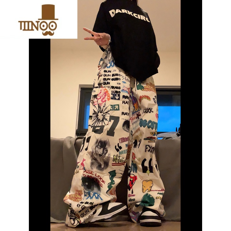 YANXUHULISS美式复古手绘彩色涂鸦直筒休闲裤男女宽松阔腿迷彩工装长裤