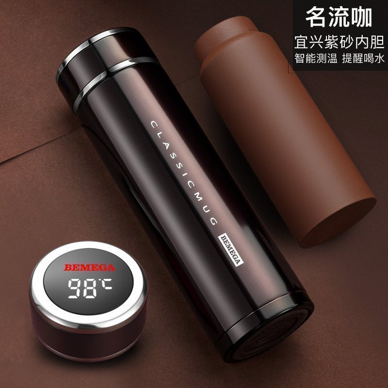 家柏饰(CORATED)紫砂内胆保温杯紫砂杯泡茶杯男士女定制水杯子 名流咖(全钢杯盖智能测温提醒喝水)