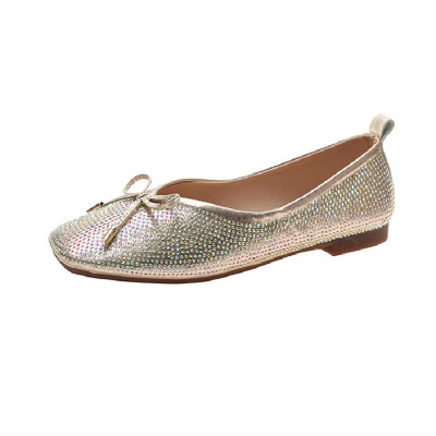 水钻单鞋女2020夏款平底仙女浅口温柔鞋方头蝴蝶结韩版百搭豆豆鞋