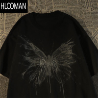 HLCOMAN美式复古vintage蝴蝶短袖t恤男宽松百搭潮牌高街情侣上衣