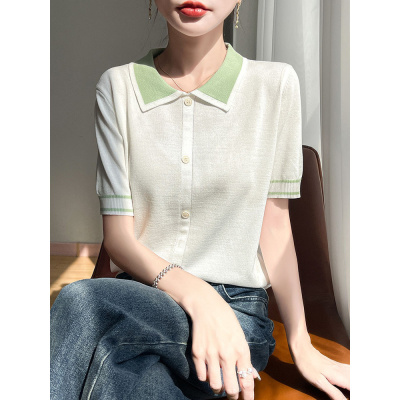 妈妈夏装短袖针织翻领T恤假开衫女装冰丝上衣遮肚子薄款小衫