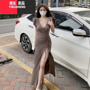 YIBUSHENG性感V领抽绳开叉短袖连衣裙女气质修身显瘦小个子过膝包臀长裙