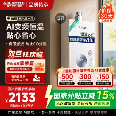 AO史密斯佳尼特13升燃气热水器佳尼特 不锈钢换热器8年包换 精控恒温 抗风防冻JSQ26-TC1