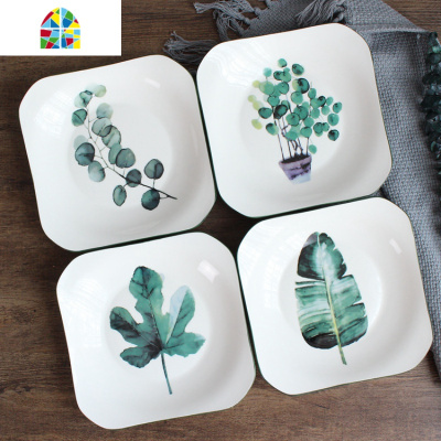 绿植陶瓷餐具碗碟勺套装北欧风碗盘组合4人/6人家用简约日式 FENGHOU 绿植方形12件套-A(2~4人)图案随机