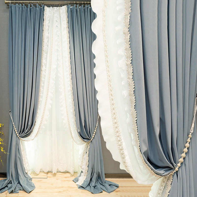 英仑风情 法式浪漫轻奢遮光窗帘北欧简约现代挂钩窗帘打孔窗帘飘窗