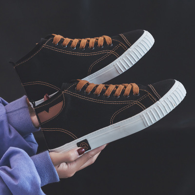 林先森高帮帆布鞋女2021春季新款ulzzang学生百搭板鞋黑色女鞋子帆布鞋