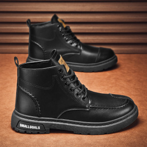 工装靴男士中帮秋季新款黑色马丁短靴厚底增高机车复古皮面男鞋