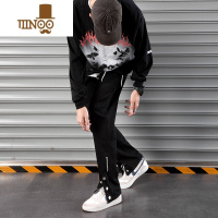 YANXU黑色高街裤子男款ins潮嘻哈修身拉链开叉排扣牛仔潮牌休闲直筒裤