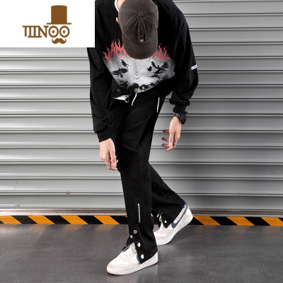 YANXU黑色高街裤子男款ins潮嘻哈修身拉链开叉排扣牛仔潮牌休闲直筒裤