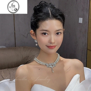 JiMi精美珍珠首饰新娘结婚跟妆饰品森系婚纱礼服耳环项链套装宴会配饰 模特同款项链+耳环