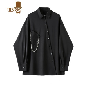 YANXU送链条 宽松复古斜门襟垂感长袖衬衫男女设计感中性风情侣黑上衣
