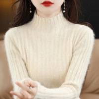 秋冬新款貂绒衫女修身半高领抽条套头短款内搭羊毛打底衫针织毛衣