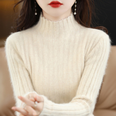 秋冬新款貂绒衫女修身半高领抽条套头短款内搭羊毛打底衫针织毛衣