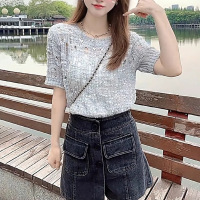 洋气亮片镂空短袖针织衫女夏新款设计感气质显瘦打底圆领上衣T恤